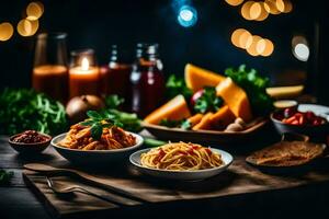 a table with pasta, vegetables and other food. AI-Generated photo