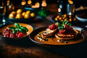 grilled chicken with tomatoes and basil on a wooden table. AI-Generated photo