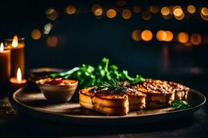 grilled cheese on a plate with a candle. AI-Generated photo