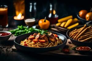 spaghetti and chicken with sauce on a table. AI-Generated photo