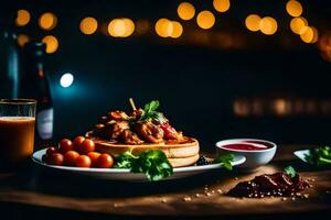 a plate of food with chicken and tomatoes on a table. AI-Generated photo