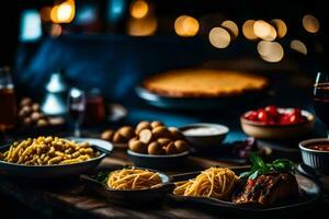 un mesa con comida y vino en él. generado por ai foto