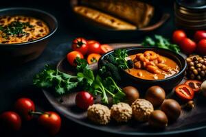 a plate of food with bread, beans, tomatoes and other ingredients. AI-Generated photo