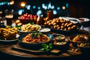 a table with various dishes of food. AI-Generated photo