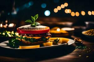 un hamburguesa con queso y vegetales en un lámina. generado por ai foto