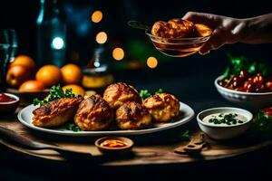 un persona es participación un plato de comida con un salsa. generado por ai foto