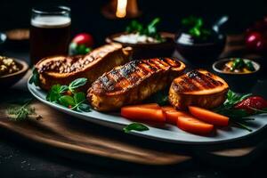 A la parrilla Cerdo labios en un plato con vegetales. generado por ai foto