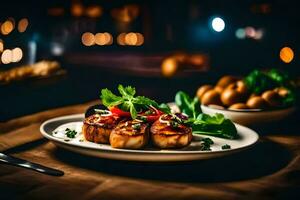 un plato de comida con vieiras en él. generado por ai foto