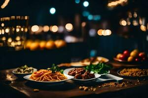 a table with plates of food and candles. AI-Generated photo