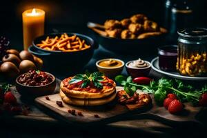 comida en un mesa con velas y otro elementos. generado por ai foto