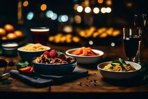 a table with bowls of food and drinks. AI-Generated photo