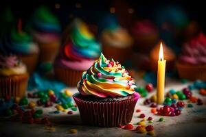 a cupcake with rainbow icing and a candle. AI-Generated photo