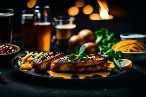 grilled salmon with vegetables and beer. AI-Generated photo