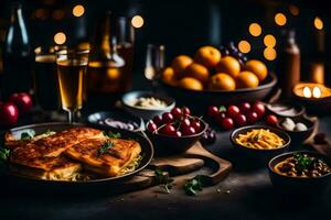 a table with food and drinks. AI-Generated photo