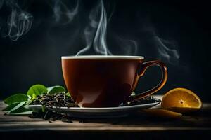 a cup of tea with smoke and an orange. AI-Generated photo