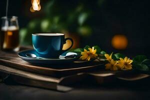 a cup of coffee on a wooden table with flowers. AI-Generated photo