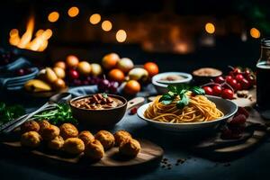 spaghetti, meatballs, and other food on a table. AI-Generated photo