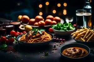 a table with food and drinks on it. AI-Generated photo