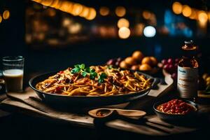 un cuenco de pasta con salsa y vegetales en un mesa. generado por ai foto