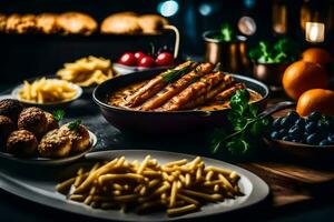 un mesa con comida y bebidas en él. generado por ai foto