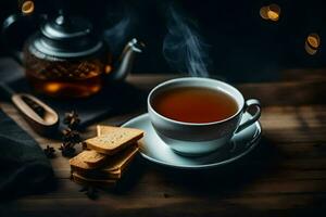 a cup of tea and a plate of cookies on a wooden table. AI-Generated photo