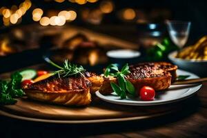 A la parrilla salmón en un plato con vegetales y papas fritas. generado por ai foto