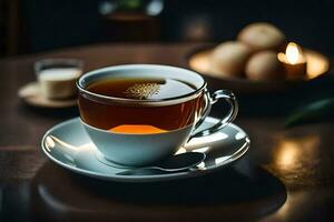 a cup of tea sits on a saucer on a wooden table. AI-Generated photo
