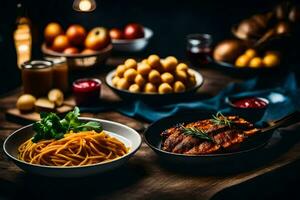 a table with food and plates of pasta. AI-Generated photo