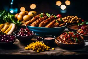 un mesa con varios comidas incluso carne, vegetales y fruta. generado por ai foto