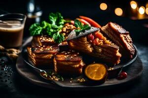 a plate of pork with vegetables and spices. AI-Generated photo