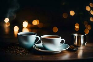 two cups of coffee on a wooden table with a blurred background. AI-Generated photo