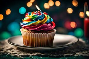 a cupcake with rainbow icing on a plate. AI-Generated photo