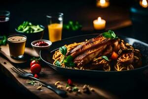 un plato de comida con tallarines y vegetales en un mesa. generado por ai foto