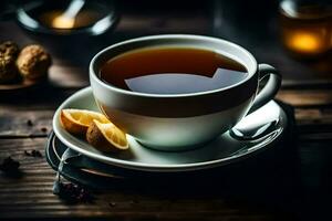 a cup of tea with lemon slices on a wooden table. AI-Generated photo