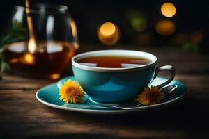 un taza de té con diente de león en un de madera mesa. generado por ai foto