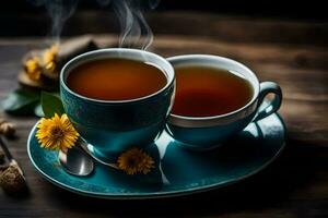tea and flowers on a wooden table. AI-Generated photo