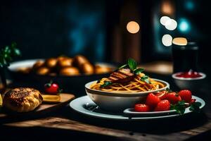 un plato de espaguetis con carne y Tomates en un mesa. generado por ai foto