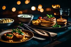 pancakes, fries and other food on a table. AI-Generated photo