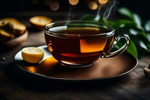 a cup of tea with lemon on a wooden table. AI-Generated photo