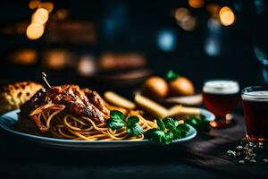 a plate of spaghetti and meat with bread and beer. AI-Generated photo