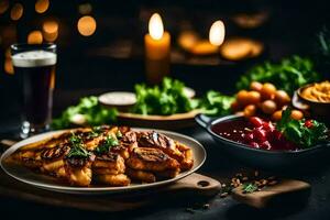 a plate of food with beer and a candle. AI-Generated photo