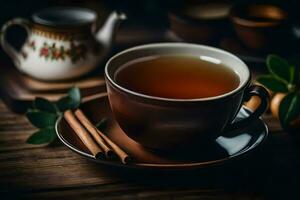 un taza de té con canela y un naranja en un de madera mesa. generado por ai foto