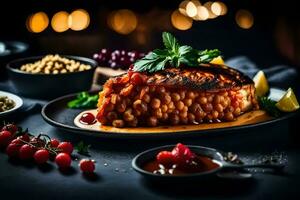 a piece of meat on a plate with beans and tomatoes. AI-Generated photo