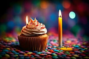 a cupcake with a candle on it is sitting on a colorful background. AI-Generated photo