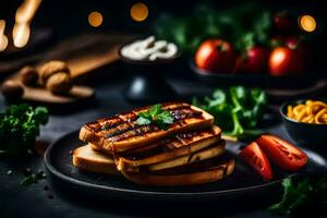 A la parrilla emparedados en un negro plato con Tomates y queso. generado por ai foto