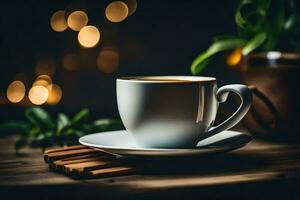 a cup of coffee on a wooden table with a bokeh effect. AI-Generated photo