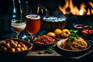 un mesa con comida y bebidas, incluso un beber. generado por ai foto