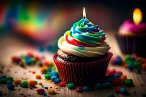 a cupcake with rainbow icing and a candle. AI-Generated photo