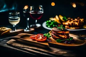 a plate of food with wine and vegetables. AI-Generated photo