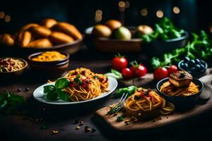 spaghetti and other foods on a table. AI-Generated photo